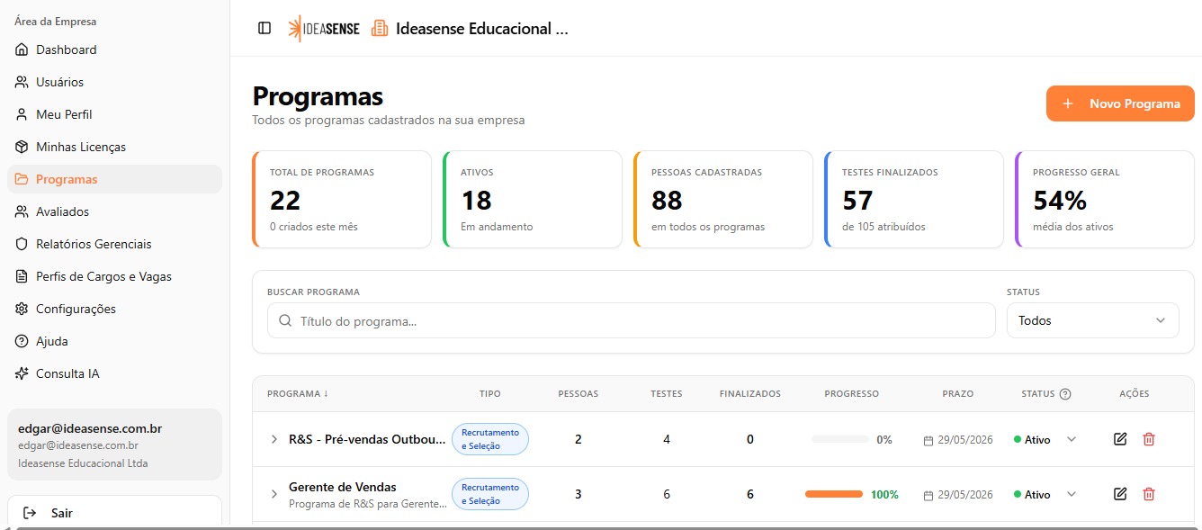 Evolve — área de Programas com métricas e listagem de programas ativos