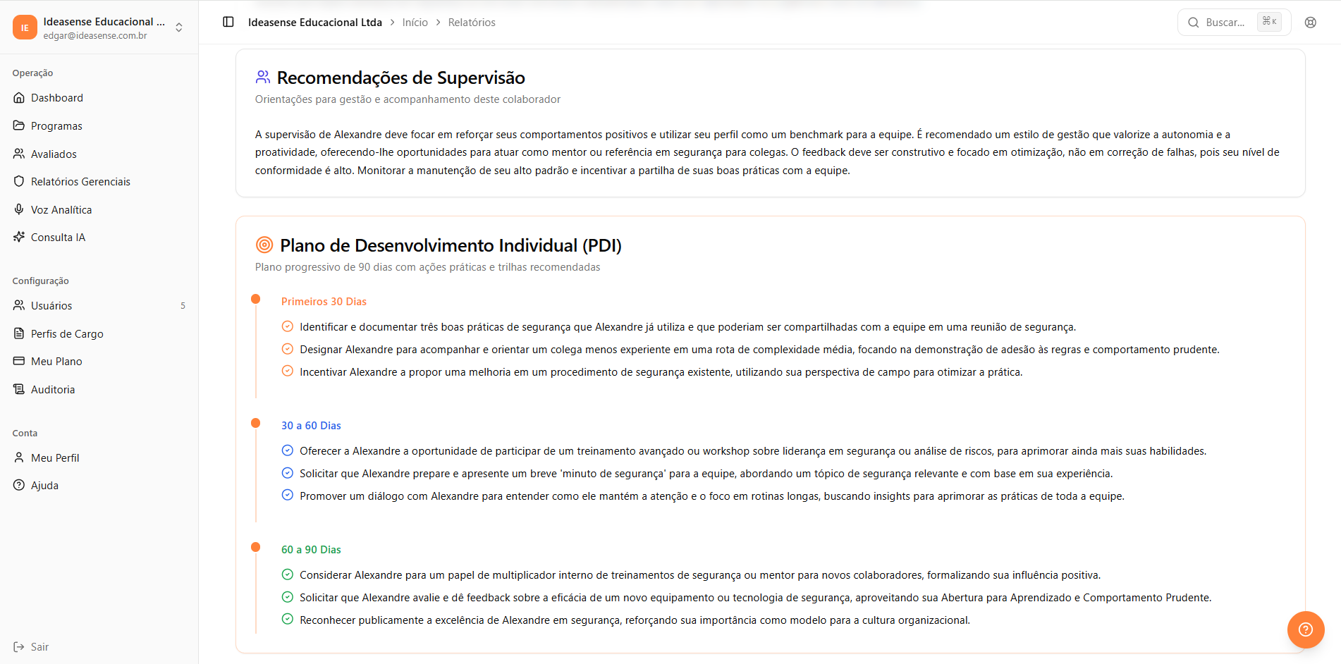 Interface do Evolve — recomendações de supervisão e plano de desenvolvimento individual (PDI)
